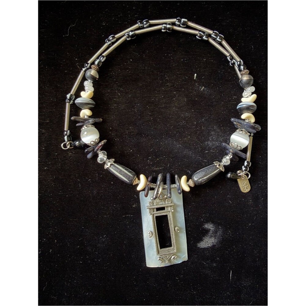 Signed Treska Memory Wire Coiled Choker Mother of Pearl Asian Gate Pendant Y2K